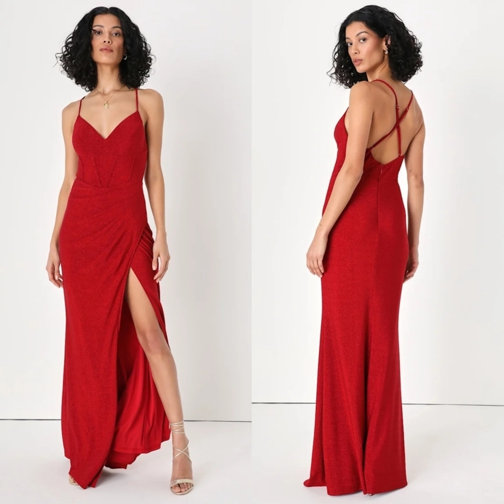 Lulus Radiant Standard Red Lurex Bustier Backless Maxi Dress M Wedding Prom